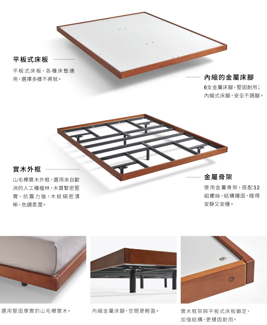 平板式床板,各種床墊適 用,選擇多樣不將就。   6支金屬床腳,堅固耐用; 內縮式床腳,安全不踢腳。  山毛欅實木外框,選用來自歐 洲的人工種植林,木質緊密堅 實、抗震力強,木紋細密清 晰,色調柔潤。   使用金屬骨架,搭配32 組螺絲,結構穩固,睡得 安靜又安穩。