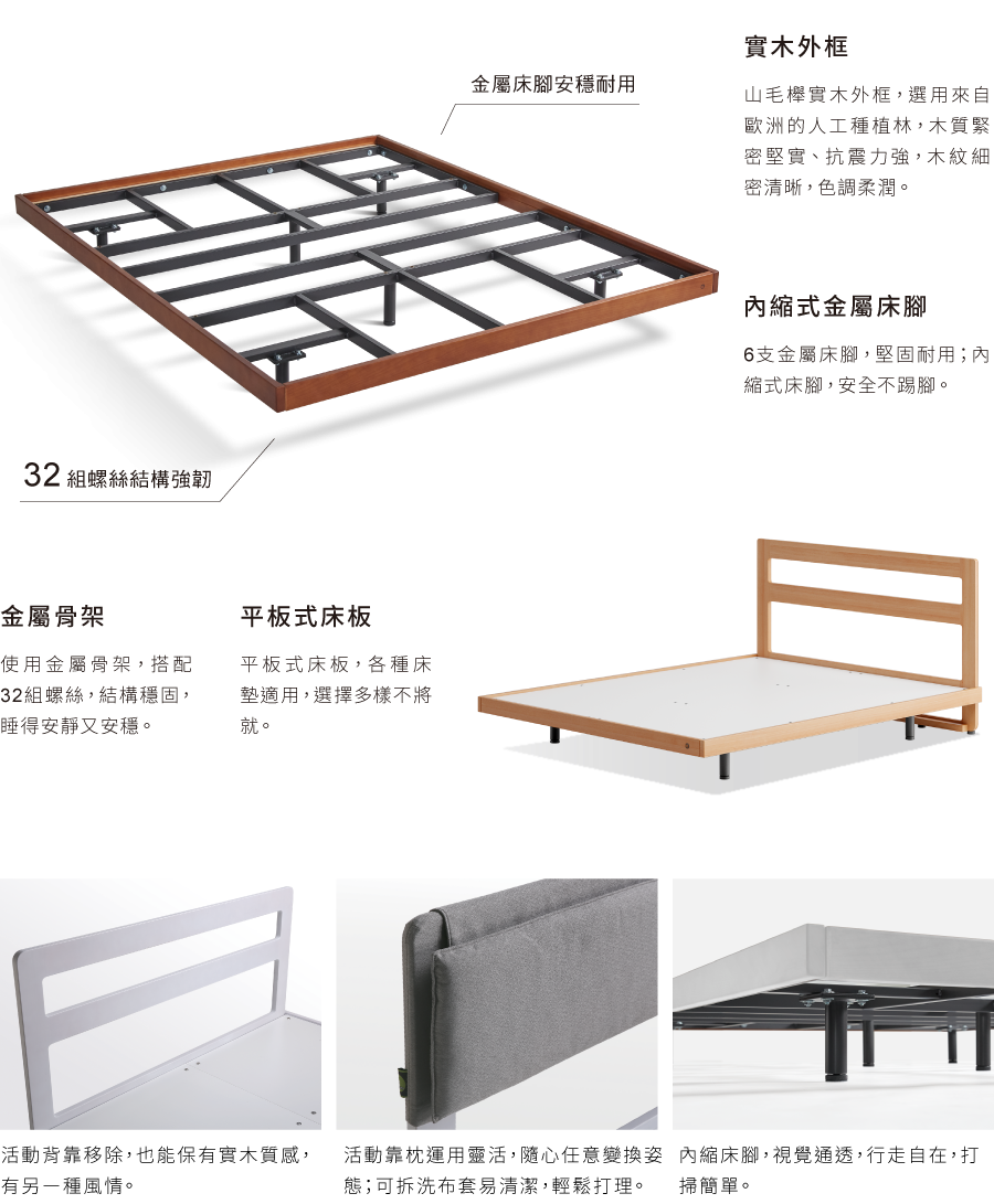 實木外框 山毛欅實木外框,選用來自 歐洲的人工種植林,木質緊 密堅實、抗震力強,木紋細 密清晰,色調柔潤。 內縮式金屬床腳 6支金屬床腳,堅固耐用;內 縮式床腳,安全不踢腳。